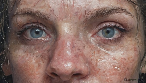 1girl,solo,looking at viewer,blue eyes,black hair,1boy,male focus,wet,eyelashes,portrait,close-up,freckles,reflection,realistic,eye focus,bangs,tears,crying,water drop