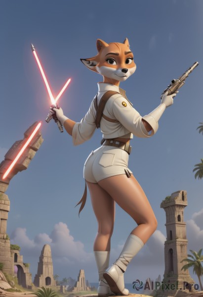 1girl,solo,breasts,looking at viewer,smile,short hair,shirt,gloves,holding,animal ears,brown eyes,standing,tail,full body,white shirt,weapon,ass,thighs,boots,outdoors,sky,shorts,day,socks,collared shirt,belt,looking back,sword,artist name,cloud,white gloves,from behind,holding weapon,tree,blue sky,gun,short shorts,watermark,holding sword,white footwear,white jacket,knee boots,white socks,holding gun,furry,handgun,science fiction,dual wielding,white shorts,palm tree,furry female,ruins,trigger discipline,snout,energy sword,energy gun,high-waist shorts,short jumpsuit,beam saber,lightsaber,medium breasts,closed mouth,uniform,black eyes,from side,fox ears,fox tail,standing on one leg,fox girl,kneepits,body fur,white fur,animal nose,brown fur,two-tone fur,orange fur