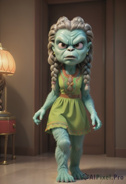 1girl,solo,long hair,looking at viewer,open mouth,brown hair,dress,jewelry,standing,full body,braid,grey hair,earrings,barefoot,teeth,sleeveless,indoors,necklace,twin braids,colored skin,frown,child,claws,furry,green dress,blue skin,female child,lamp,green skin,fewer digits,brown eyes,green eyes,pointy ears,belt,artist name,black eyes,flat chest,fingernails,v-shaped eyebrows,sash,watermark,hair over shoulder,web address,toenails,serious,dirty,dirty feet