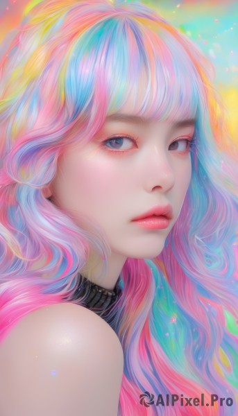 1girl,solo,long hair,looking at viewer,bangs,blue eyes,bare shoulders,closed mouth,blue hair,upper body,pink hair,multicolored hair,sleeveless,lips,eyelashes,makeup,portrait,eyeshadow,pink lips,multicolored eyes,realistic,nose,rainbow,colorful,rainbow hair,parted lips,blunt bangs,from side,grey eyes,gradient hair,heterochromia,watermark,wavy hair,close-up,red lips