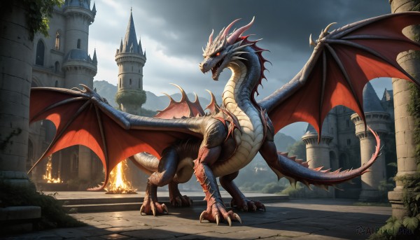 HQ,open mouth,red eyes,standing,tail,outdoors,wings,horns,sky,teeth,day,cloud,no humans,fangs,cloudy sky,fire,sharp teeth,building,scenery,claws,monster,mountain,fantasy,dragon,scales,ruins,castle,dragon wings,breathing fire,solo,glowing,spikes