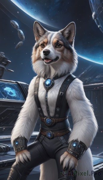 1girl,solo,looking at viewer,open mouth,shirt,animal ears,brown eyes,jewelry,standing,tail,teeth,tongue,belt,pants,artist name,signature,tongue out,no humans,fangs,suspenders,brooch,gem,star (sky),claws,furry,dog,furry female,space,furry male,body fur,white fur,planet,earth (planet),spacecraft,hands on own thighs,1boy,sitting,male focus,sky,night,watermark,night sky,web address,starry sky,science fiction,realistic