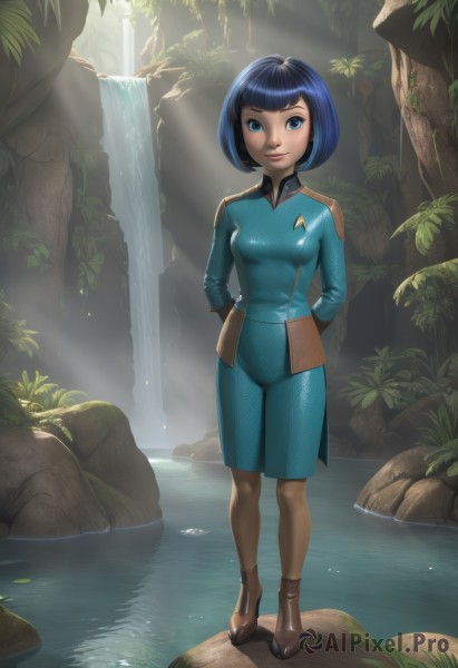 1girl,solo,breasts,looking at viewer,smile,short hair,bangs,blue eyes,skirt,black hair,long sleeves,medium breasts,closed mouth,blue hair,standing,full body,pantyhose,small breasts,boots,outdoors,day,shiny,water,uniform,lips,blue skirt,military,bodysuit,military uniform,watermark,brown footwear,arms behind back,sunlight,bob cut,nature,forest,light rays,rock,ankle boots,waterfall,stream,skin tight,web address,sunbeam