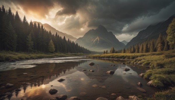 outdoors,sky,day,cloud,water,tree,no humans,cloudy sky,grass,nature,scenery,forest,reflection,sunset,rock,mountain,road,river,landscape,lake,path,sunlight,light rays,mountainous horizon