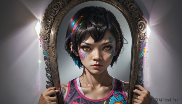 1girl,solo,looking at viewer,short hair,bangs,shirt,black hair,holding,bare shoulders,brown eyes,closed mouth,collarbone,yellow eyes,upper body,sleeveless,artist name,signature,dark skin,dark-skinned female,lips,hands up,tattoo,makeup,facial mark,tank top,portrait,reflection,mirror,sportswear,nose,facepaint,looking at mirror,jewelry,piercing,ring,eyeshadow,facial tattoo,dirty,nose piercing