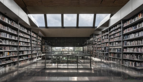 sky,day,cloud,indoors,book,no humans,window,chair,sunlight,cloudy sky,scenery,rain,light rays,stairs,railing,bookshelf,tiles,sunbeam,shelf,library,ceiling,ladder,ceiling light,reflective floor,reflection,realistic,shop