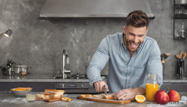 solo,smile,short hair,open mouth,brown hair,shirt,long sleeves,1boy,holding,closed eyes,white shirt,upper body,male focus,food,teeth,collared shirt,indoors,cup,dress shirt,buttons,fruit,facial hair,bottle,blue shirt,knife,facing viewer,beard,plate,realistic,mustache,fork,apple,holding knife,bread,cooking,orange (fruit),kitchen,jar,photo background,banana,lemon,counter,lemon slice,cutting board,bowl,spoon,lamp,frying pan,sink,orange slice