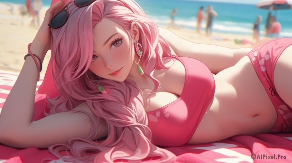 1girl,long hair,breasts,looking at viewer,blush,smile,bangs,large breasts,navel,cleavage,bare shoulders,jewelry,closed mouth,collarbone,swimsuit,pink hair,braid,bikini,thighs,earrings,outdoors,lying,shorts,solo focus,day,pink eyes,water,stomach,blurry,arm up,bracelet,lips,bare arms,makeup,depth of field,blurry background,ocean,umbrella,on side,beach,sunglasses,lipstick,towel,eyewear on head,sand,pink bikini,red lips,sarong,beach umbrella,pink shorts,beach towel,sky,blue sky,grey eyes,multiple others