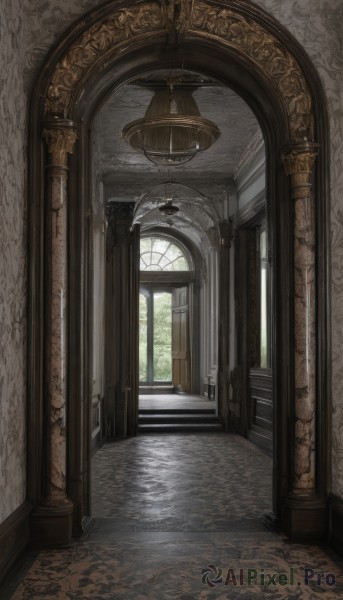 day,indoors,no humans,window,sunlight,scenery,stairs,door,architecture,pillar,ceiling,hallway,church,arch,chandelier,column,tree,fantasy,wall