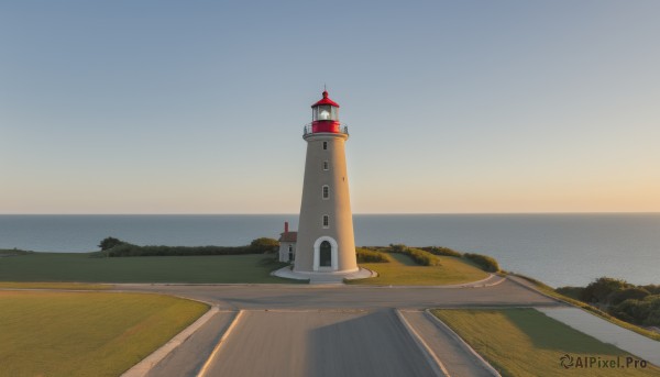 outdoors,sky,day,cloud,water,tree,blue sky,no humans,ocean,grass,building,scenery,sunset,mountain,horizon,clock,road,river,tower,landscape,lake,shore,path,hill,beach,nature,bush,sunrise,scarlet devil mansion,morning,lighthouse