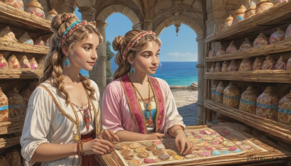 long hair,breasts,smile,open mouth,multiple girls,blonde hair,brown hair,long sleeves,dress,2girls,cleavage,brown eyes,jewelry,collarbone,upper body,braid,hairband,earrings,outdoors,food,sky,day,cloud,indoors,water,necklace,hair bun,looking at another,twin braids,bracelet,blue sky,lips,single braid,headband,siblings,ocean,table,single hair bun,ring,sisters,gem,hair over shoulder,beads,twins,fantasy,bangle,coin,gold,jar,shop,multi-tied hair,traditional clothes,multiple braids,bangs,blue eyes,hair ornament,closed mouth,white shirt,parted lips,flat chest,looking to the side,sash,petals,eyelashes,profile,makeup,fruit,looking away,bottle,pointing,tassel,pendant,robe,nose,red lips,eyeliner,bead necklace,shelf,sleeves past elbows,red gemstone,arch