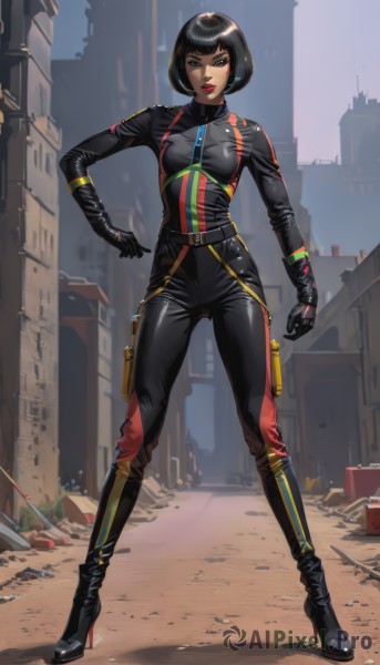 1girl,solo,breasts,looking at viewer,short hair,bangs,black hair,gloves,brown eyes,standing,full body,weapon,boots,outdoors,black gloves,pants,black footwear,black eyes,high heels,lips,hand on hip,bodysuit,makeup,bob cut,lipstick,building,zipper,high heel boots,city,red lips,holster,alley,small breasts,day,knee boots,skin tight,science fiction