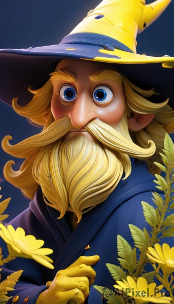 solo,looking at viewer,blue eyes,blonde hair,gloves,long sleeves,1boy,hat,upper body,flower,male focus,pointy ears,coat,witch hat,facial hair,blue background,beard,robe,wide-eyed,yellow flower,mustache,yellow gloves,wizard hat,wizard,long hair,leaf