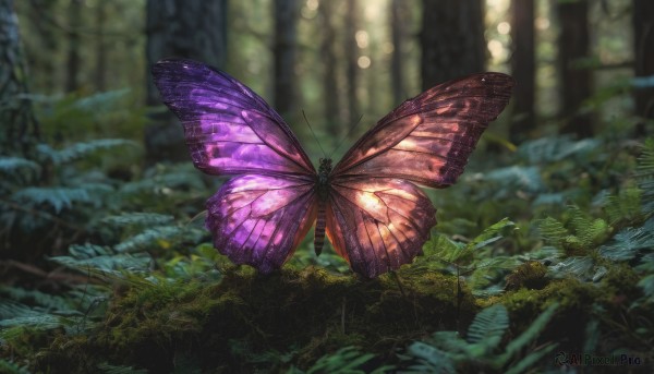 outdoors, day, blurry, tree, no humans, depth of field, blurry background, animal, sunlight, grass, bug, plant, butterfly, nature, scenery, forest