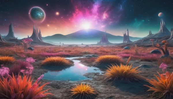 flower,outdoors,sky,water,tree,no humans,night,moon,grass,star (sky),nature,night sky,scenery,starry sky,reflection,mountain,fantasy,space,mushroom,planet,landscape,lake,reflective water