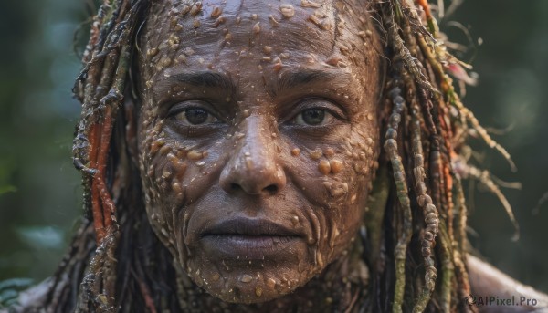 solo,long hair,looking at viewer,black hair,hair ornament,1boy,closed mouth,male focus,dark skin,blurry,black eyes,lips,depth of field,blurry background,portrait,realistic,dreadlocks,facial hair,beard,close-up