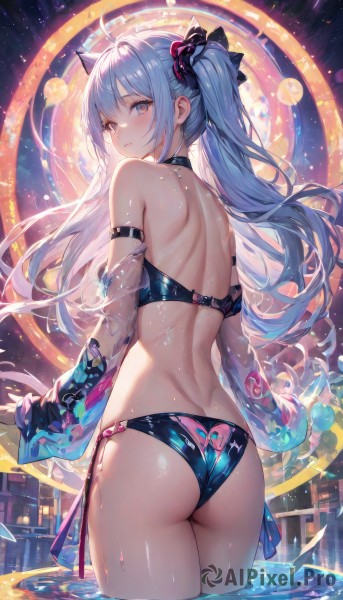 1girl,solo,long hair,breasts,looking at viewer,blush,bangs,blue eyes,hair ornament,gloves,long sleeves,ribbon,holding,animal ears,bare shoulders,twintails,medium breasts,very long hair,closed mouth,blue hair,standing,swimsuit,hair ribbon,ass,ahoge,sidelocks,bikini,thighs,cowboy shot,detached sleeves,choker,looking back,cat ears,fingerless gloves,water,from behind,wet,see-through,black bikini,side-tie bikini bottom,back,black choker,string bikini,wading,arm strap,purple eyes,shiny,skindentation,night,floating hair,butt crack,shoulder blades,see-through sleeves