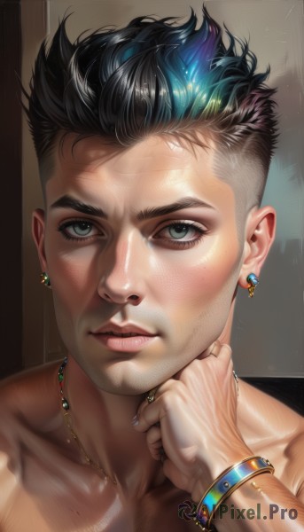 solo,looking at viewer,short hair,blue eyes,black hair,1boy,jewelry,closed mouth,green eyes,blue hair,collarbone,male focus,multicolored hair,earrings,shiny,artist name,hand up,necklace,bracelet,two-tone hair,lips,grey eyes,muscular,piercing,ring,muscular male,ear piercing,portrait,veins,realistic,nose,undercut,hand on own neck,signature,close-up,freckles,topless male,hand on own chin