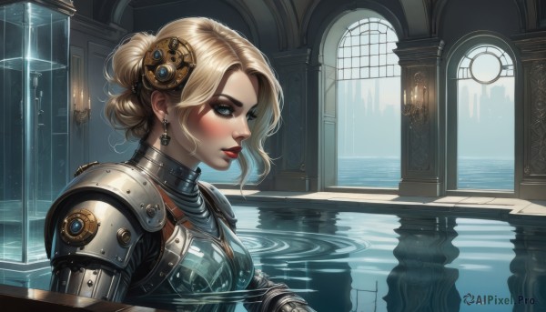 1girl,solo,breasts,short hair,blue eyes,blonde hair,hair ornament,jewelry,medium breasts,upper body,earrings,indoors,water,hair bun,armor,from side,lips,eyelashes,window,makeup,single hair bun,lipstick,shoulder armor,eyeshadow,reflection,pauldrons,nose,red lips,candle,ripples,mascara,gorget,blush,closed mouth,artist name,looking to the side,profile,looking away,thick eyebrows,breastplate,fantasy,shoulder pads