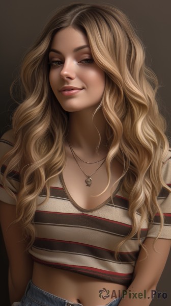 1girl,solo,long hair,breasts,looking at viewer,smile,blonde hair,simple background,brown hair,shirt,navel,brown eyes,jewelry,upper body,midriff,striped,pants,dark skin,necklace,dark-skinned female,lips,crop top,wavy hair,denim,freckles,brown background,curly hair,jeans,striped shirt,realistic,nose,cleavage,medium breasts,short sleeves,parted lips,teeth,mole