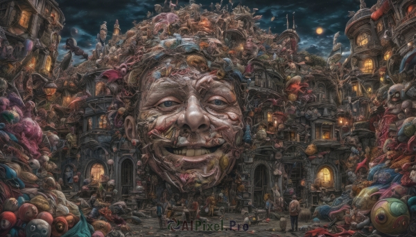 smile,blue eyes,multiple girls,hat,weapon,multiple boys,sky,teeth,cloud,blood,night,6+girls,moon,building,night sky,scenery,full moon,6+boys,monster,lantern,stairs,city,fantasy,everyone,giant,old,old man,surreal,open mouth,blonde hair,outdoors,food,bag,grin,window,bird,star (sky),walking,skull,clock,mushroom,house,egg,lamppost,tower,statue,town,old woman,clock tower,chimney