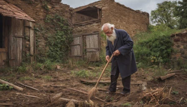 solo,long sleeves,1boy,holding,standing,full body,white hair,male focus,outdoors,shoes,day,pants,black footwear,tree,coat,facial hair,black pants,plant,building,beard,broom,realistic,mustache,ruins,house,old,old man,holding broom,overgrown,sky,cloud,grass,scenery,robe