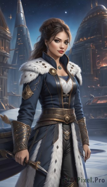 1girl,solo,long hair,breasts,looking at viewer,smile,brown hair,long sleeves,holding,cleavage,brown eyes,jewelry,medium breasts,standing,weapon,braid,earrings,boots,outdoors,sky,belt,pants,sword,necklace,hair bun,holding weapon,lips,coat,fur trim,makeup,night,holding sword,black pants,knife,lipstick,building,sheath,star (sky),night sky,snow,pendant,starry sky,dual wielding,red lips,holding knife,dagger,blue coat,artist name,moon,realistic