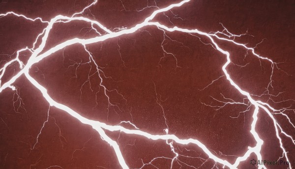 1girl,solo,monochrome,no humans,red background,electricity,lightning,outdoors,sky,cloud,gradient,gradient background,cloudy sky,scenery,rain