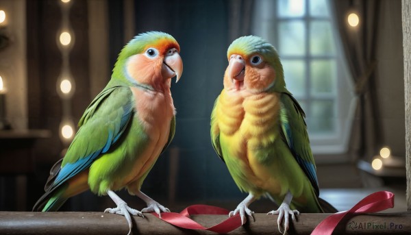 HQ,open mouth,ribbon,standing,indoors,blurry,black eyes,red ribbon,no humans,window,depth of field,blurry background,bird,animal,feathers,curtains,realistic,animal focus,talons,beak,parrot,looking at viewer,closed mouth,full body,shoes,looking at another,box