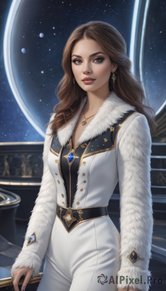 1girl,solo,long hair,breasts,looking at viewer,brown hair,long sleeves,cleavage,brown eyes,jewelry,medium breasts,standing,cowboy shot,earrings,sky,belt,pants,necklace,lips,coat,fur trim,makeup,wavy hair,lipstick,star (sky),pendant,starry sky,realistic,white pants,nose,white coat,red lips,space,planet,earth (planet),parted lips,artist name,grey eyes,ring,gem