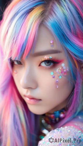 1girl,solo,long hair,looking at viewer,bangs,jewelry,closed mouth,blue hair,pink hair,multicolored hair,necklace,blurry,black eyes,lips,grey eyes,eyelashes,gradient hair,makeup,depth of field,swept bangs,facial mark,lipstick,gem,portrait,close-up,eyeshadow,pink lips,realistic,nose,eyeliner,colorful,mascara,rainbow hair,blue eyes,blonde hair,artist name,watermark,piercing,beads,pearl (gemstone)