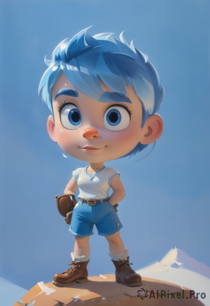 1girl,solo,looking at viewer,blush,smile,short hair,blue eyes,shirt,gloves,blue hair,standing,full body,white shirt,short sleeves,boots,shorts,socks,belt,artist name,chibi,lips,blue background,brown footwear,thick eyebrows,genderswap,genderswap (mtf),brown gloves,freckles,blue shorts,hands on hips,ankle boots,brown belt,tomboy,jewelry,sky,necklace,tank top,t-shirt,nose,hands in pockets