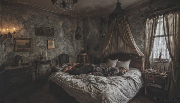 1girl,solo,brown hair,long sleeves,1boy,closed eyes,male focus,lying,pants,indoors,tree,cup,pillow,book,window,bed,bed sheet,on bed,on side,chair,table,sleeping,bottle,fire,plant,curtains,scenery,blanket,lamp,candle,photo (object),bedroom,wide shot,picture frame,painting (object),drawer,candlestand,chandelier,canopy bed,cabinet