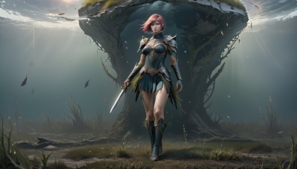 1girl,solo,breasts,looking at viewer,short hair,skirt,holding,medium breasts,standing,full body,weapon,pink hair,red hair,boots,outdoors,belt,sword,holding weapon,armor,tree,blue skirt,blood,holding sword,sunlight,knee boots,grass,shoulder armor,gauntlets,walking,pauldrons,light rays,breastplate,fantasy,vambraces,sunbeam,shoulder pads,torn clothes,knife,scenery,injury,realistic