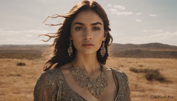 1girl,solo,long hair,looking at viewer,brown hair,black hair,dress,brown eyes,jewelry,closed mouth,collarbone,upper body,earrings,outdoors,sky,day,cloud,necklace,blurry,lips,depth of field,blurry background,expressionless,cloudy sky,wind,portrait,realistic,nose,field,desert,breasts,cleavage,sunlight,thick eyebrows,backlighting,sand,gold