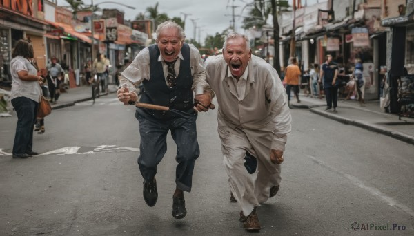 short hair,open mouth,multiple girls,shirt,long sleeves,holding,jacket,white shirt,white hair,male focus,outdoors,multiple boys,necktie,shoes,day,collared shirt,pants,black footwear,vest,facial hair,black pants,formal,suit,ground vehicle,building,black necktie,motor vehicle,beard,walking,6+boys,running,city,realistic,mustache,car,road,old,police,old man,street,cane,chasing,crosswalk,sidewalk,looking at viewer,smile,black hair,full body,boots,teeth,bag,blurry,tree,blurry background,phone,crowd,photo background,people