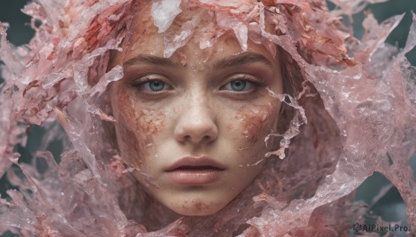 1girl,solo,looking at viewer,short hair,blue eyes,simple background,closed mouth,flower,parted lips,water,lips,grey eyes,portrait,freckles,realistic,nose,blurry,eyelashes,expressionless,close-up,straight-on