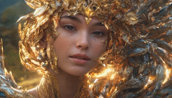 1girl,solo,long hair,looking at viewer,brown hair,hair ornament,brown eyes,jewelry,parted lips,teeth,artist name,blurry,lips,grey eyes,eyelashes,depth of field,blurry background,feathers,gem,portrait,close-up,freckles,circlet,realistic,headpiece,nose,mole on cheek,short hair,shiny,light particles,headdress,gold