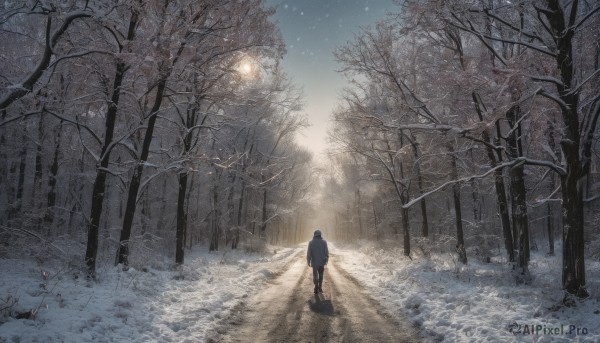 1girl,solo,long hair,standing,outdoors,sky,from behind,tree,night,shadow,moon,star (sky),nature,night sky,scenery,snow,forest,starry sky,walking,snowing,facing away,road,wide shot,winter,bare tree,footprints,1boy,male focus,coat,sunlight,light,ambiguous gender,path