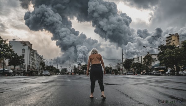 1girl,solo,short hair,1boy,standing,outdoors,sky,shoes,pants,cloud,from behind,tree,muscular,back,black pants,cloudy sky,ground vehicle,building,sneakers,scenery,motor vehicle,smoke,walking,topless male,city,arms at sides,car,road,power lines,lamppost,street,crosswalk,long hair,white hair,male focus,house