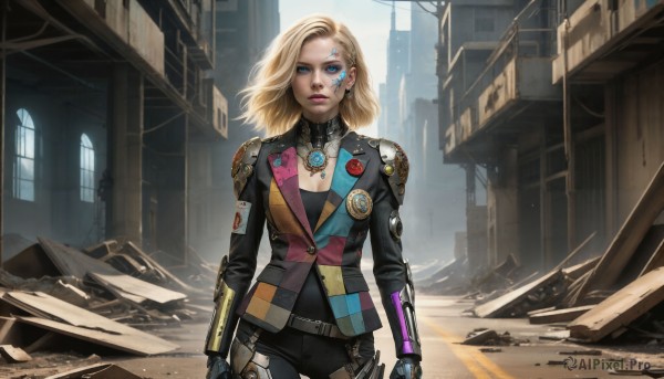 HQ,1girl,solo,long hair,breasts,looking at viewer,short hair,blue eyes,blonde hair,gloves,cleavage,jewelry,medium breasts,closed mouth,standing,jacket,cowboy shot,outdoors,day,belt,pants,medium hair,lips,bodysuit,tattoo,makeup,facial mark,building,multicolored clothes,science fiction,city,realistic,nose,arms at sides,emblem,ruins,facial tattoo,badge,debris,button badge,dust,earrings,parted lips,alternate costume,necklace,armor,window,glowing,cleavage cutout,lipstick,wind,serious,cyborg,dirty,dirty face