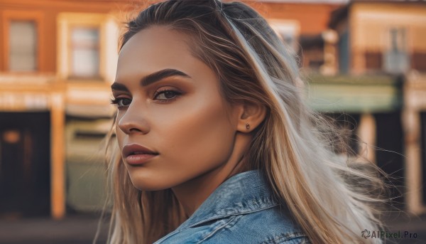 1girl,solo,long hair,looking at viewer,blonde hair,brown hair,brown eyes,jewelry,multicolored hair,earrings,parted lips,artist name,signature,blurry,black eyes,lips,makeup,depth of field,blurry background,watermark,portrait,freckles,realistic,nose,red lips,stud earrings,denim jacket,jacket,outdoors,from side,eyelashes,thick eyebrows,denim,blue jacket,veil