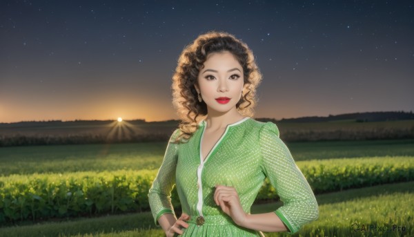 1girl,solo,long hair,breasts,looking at viewer,smile,brown hair,black hair,dress,brown eyes,upper body,flower,outdoors,sky,dark skin,dark-skinned female,lips,hand on hip,makeup,night,grass,lipstick,star (sky),night sky,starry sky,curly hair,sunset,hands on hips,mountain,green shirt,red lips,animification,field,jewelry,earrings,parody,scenery