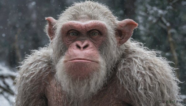 solo,looking at viewer,1boy,closed mouth,upper body,white hair,male focus,outdoors,horns,pointy ears,blurry,tree,grey eyes,depth of field,blurry background,facial hair,portrait,beard,furry,snow,snowing,realistic,furry male,old,old man,fur,tusks,long hair,signature,scar