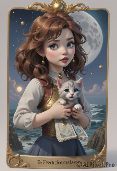 1girl,solo,long hair,looking at viewer,blue eyes,skirt,brown hair,shirt,long sleeves,holding,jewelry,white shirt,earrings,outdoors,parted lips,sky,cloud,medium hair,water,vest,english text,lips,blue skirt,book,makeup,night,ocean,animal,wavy hair,border,moon,cat,lipstick,gem,star (sky),night sky,full moon,starry sky,freckles,rock,red lips,holding animal,white cat,holding cat,tarot,blush,hair ornament,artist name,realistic