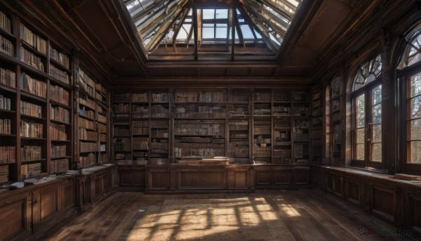 day,indoors,book,no humans,window,shadow,chair,table,sunlight,scenery,desk,light rays,wooden floor,stairs,bookshelf,shade,architecture,sunbeam,shelf,book stack,library,ceiling,ladder,candle,candlestand,chandelier,window shade