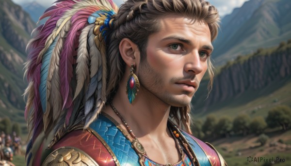 solo,long hair,looking at viewer,brown hair,hair ornament,1boy,jewelry,closed mouth,green eyes,upper body,braid,male focus,earrings,outdoors,solo focus,day,necklace,blurry,lips,depth of field,blurry background,facial hair,thick eyebrows,feathers,portrait,beard,mountain,realistic,nose,feather hair ornament,looking afar,ponytail,sky,scar,sunlight