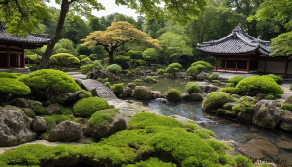 outdoors,day,water,tree,no humans,grass,building,nature,scenery,forest,rock,bush,architecture,east asian architecture,river,shrine,stone,pond,stone lantern,moss,stream