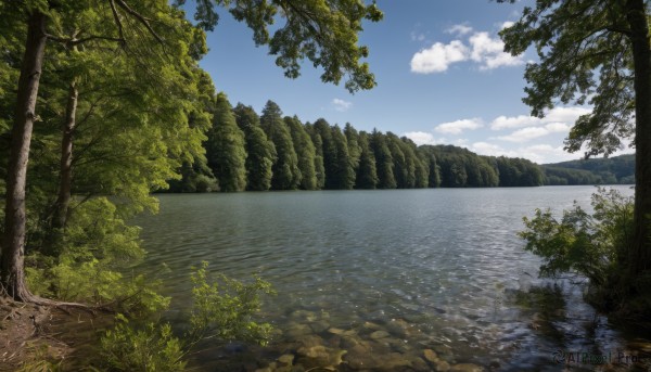 outdoors,sky,day,cloud,water,tree,blue sky,no humans,cloudy sky,grass,plant,nature,scenery,forest,reflection,rock,bush,river,landscape,lake,ocean,horizon