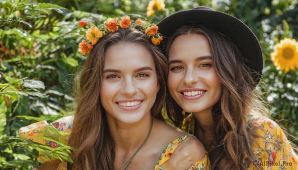 long hair,looking at viewer,smile,multiple girls,brown hair,hair ornament,hat,dress,2girls,brown eyes,jewelry,upper body,flower,grey hair,outdoors,teeth,day,hair flower,necklace,grin,blurry,lips,black headwear,depth of field,blurry background,floral print,portrait,realistic,yellow flower,sunflower,head wreath,real life insert,open mouth,leaf,sunlight,nature,forehead